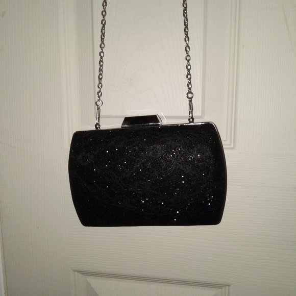 Black sparkle glitter silver chain purse clutch - Picture 6 of 8